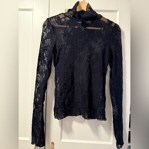 Free People Black Sheer Fitted Lace Blouse